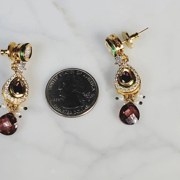 Statement Cocktail Earrings Dangle Drop Pierced Purple Green Delicate Pe… - Picture 10 of 12